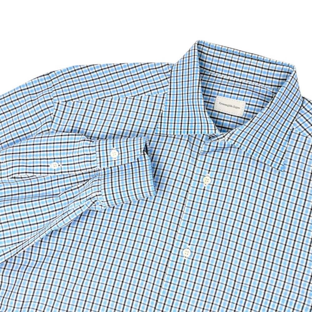Ermenegildo Zegna Mens 42 16.5 Dress Shirt Blue Brown Check Long Sleeve Cotton